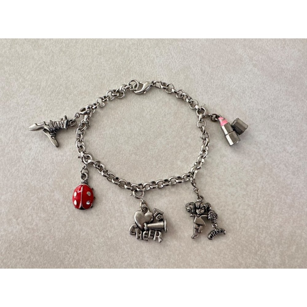 Silver tone Cheerleader dancer enamel lipstick ladybug charms bracelet